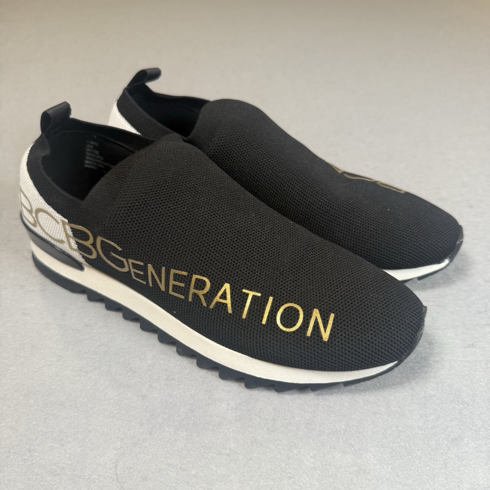 BCBGeneration Sneakers Womens 7.5 Black White Logo Casual Shoes Slip Ons